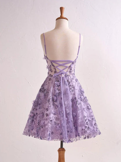 Lavender Spaghetti Straps A-Line Tulle Applique Short Prom Dresses Homecoming Dress with Sequins HZ1024