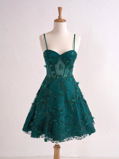 Lavender Spaghetti Straps A-Line Tulle Applique Short Prom Dresses Homecoming Dress with Sequins HZ1024