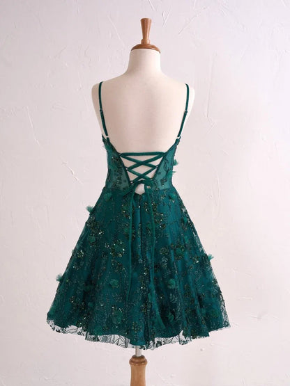 Gorgeous Lavender Spaghetti Straps A-Line Tulle Applique Short Prom Dresses Homecoming Dress with Sequins ED02634