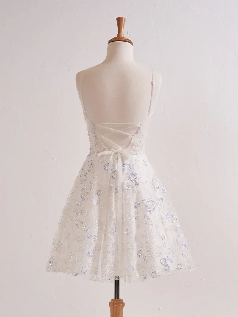 Lavender Spaghetti Straps A-Line Tulle Applique Short Prom Dresses Homecoming Dress with Sequins HZ1024