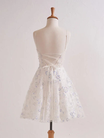Gorgeous Lavender Spaghetti Straps A-Line Tulle Applique Short Prom Dresses Homecoming Dress with Sequins ED02634