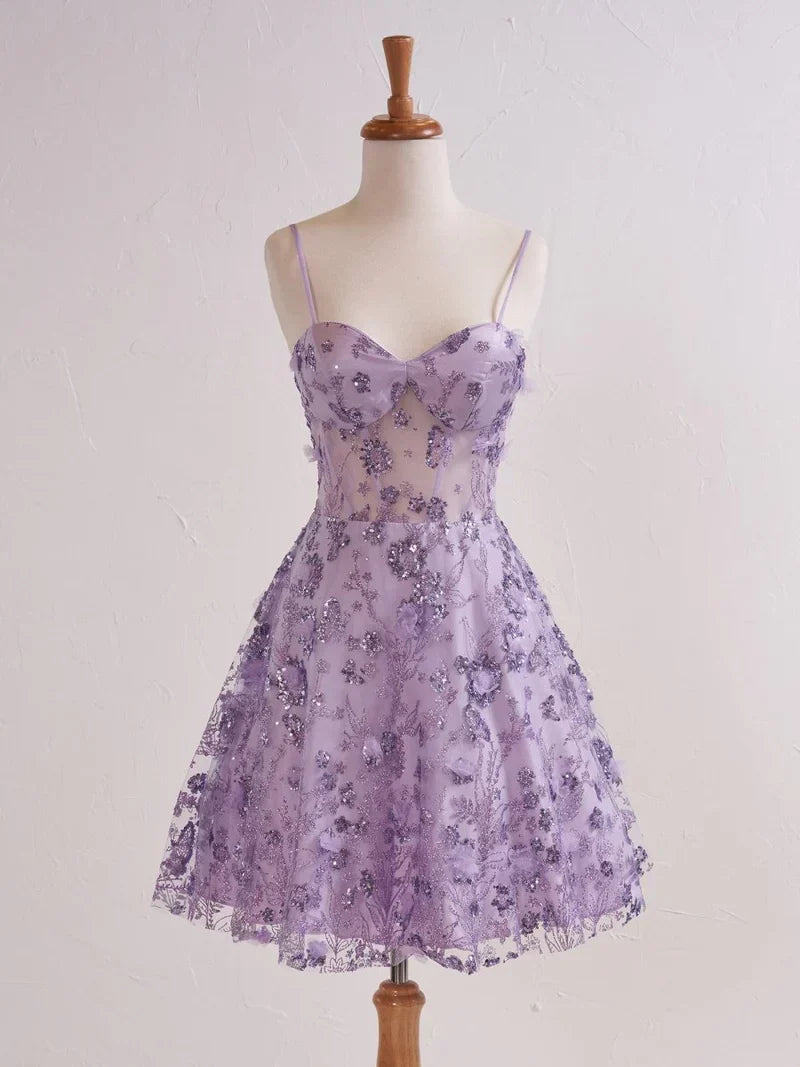 Lavender Spaghetti Straps A-Line Tulle Applique Short Prom Dresses Homecoming Dress with Sequins HZ1024