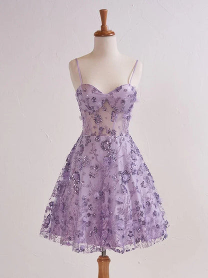 Lavender Spaghetti Straps A-Line Tulle Applique Short Prom Dresses Homecoming Dress with Sequins HZ1024