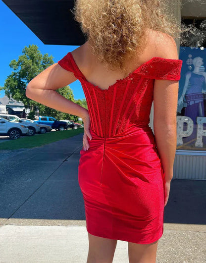 Red Off Shoulder Bodycon Applique Satin Short Prom Dresses Homecoming Dress HZ1024