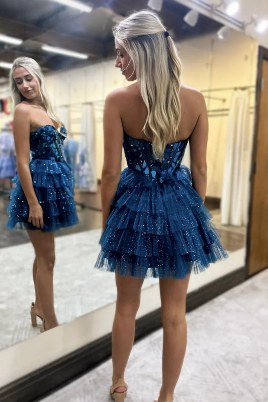 Glitter Blue A-line Sweetheart Tulle Short Prom Dresses Homecoming Dress With Mirror  ED02643