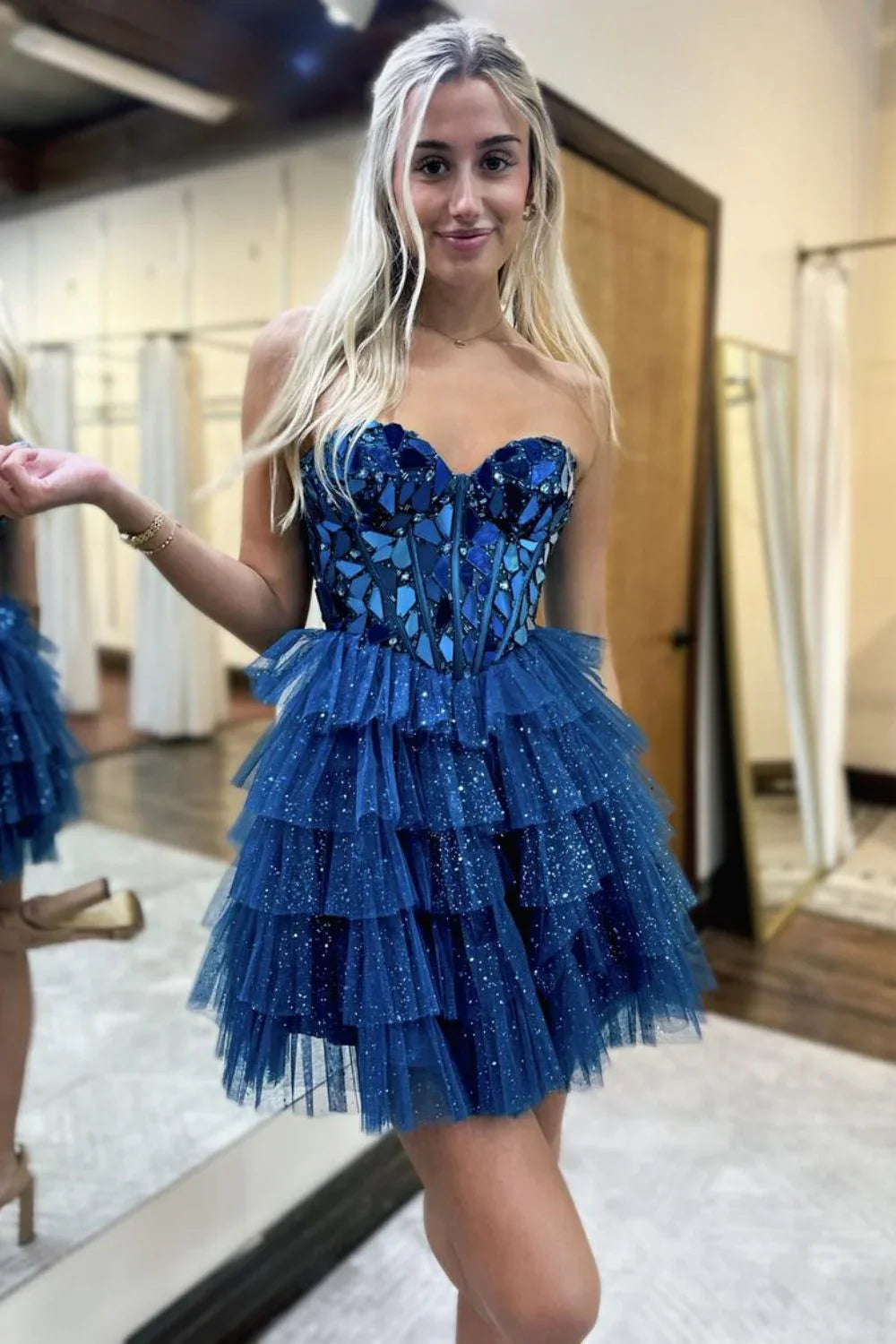 Glitter Blue A-line Sweetheart Tulle Short Prom Dresses Homecoming Dress With Mirror  ED02643