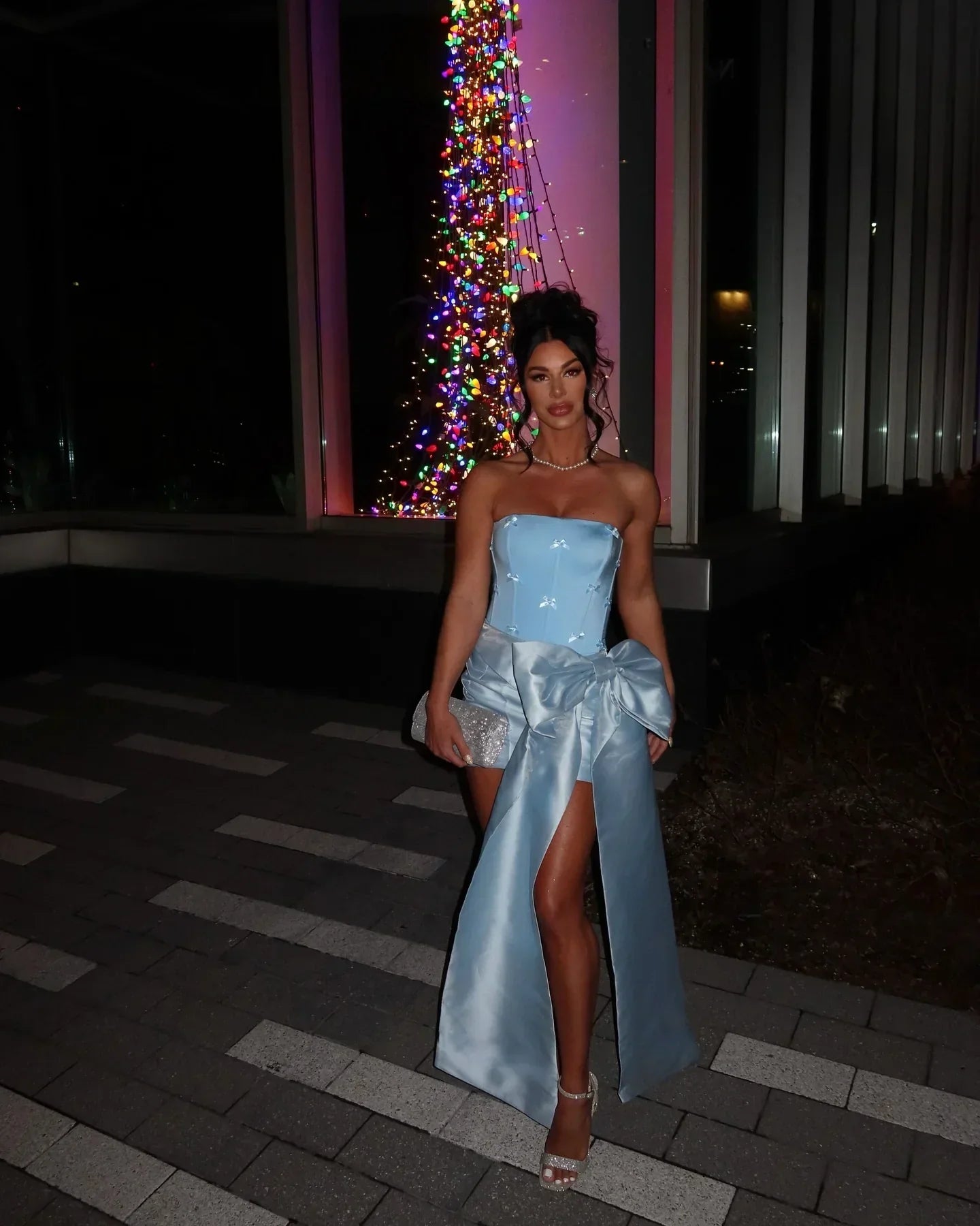 Blue Strapless Bodycon Satin Short Party Dresses Homecoming Dress with Bow HZ1024