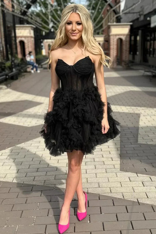 Black Strapless A-Line Tulle Short Prom Dresses Homecoming Dress HZ1024