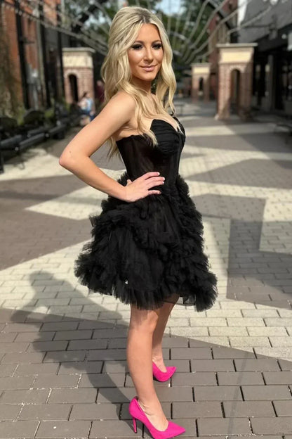 Black Strapless A-Line Tulle Short Prom Dresses Homecoming Dress HZ1024