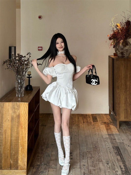 White Off Shoulder A-Line Satin Short Prom Dresses Homecoming Dress HZ1024