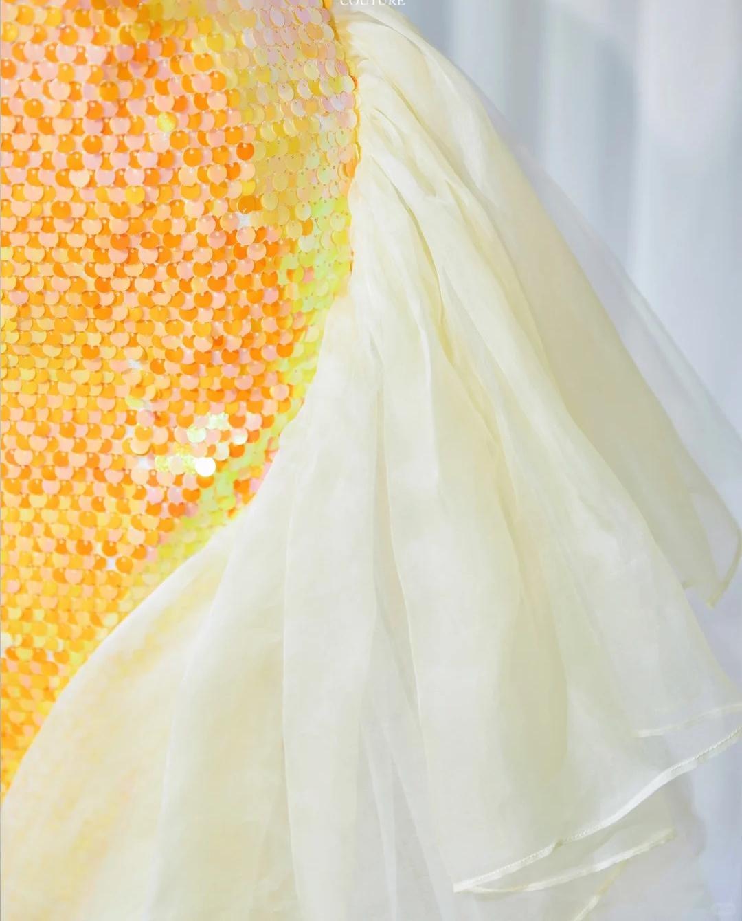 Bright Yellow Strapless Mermaid Sequined Tulle Long Prom Dresses Formal Evening Gowns HZ1024