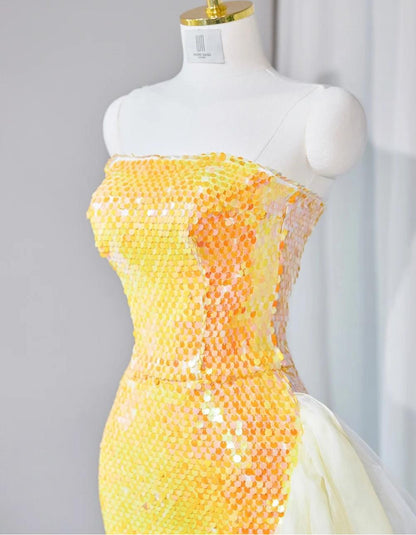 Bright Yellow Strapless Mermaid Sequined Tulle Long Prom Dresses Formal Evening Gowns HZ1024