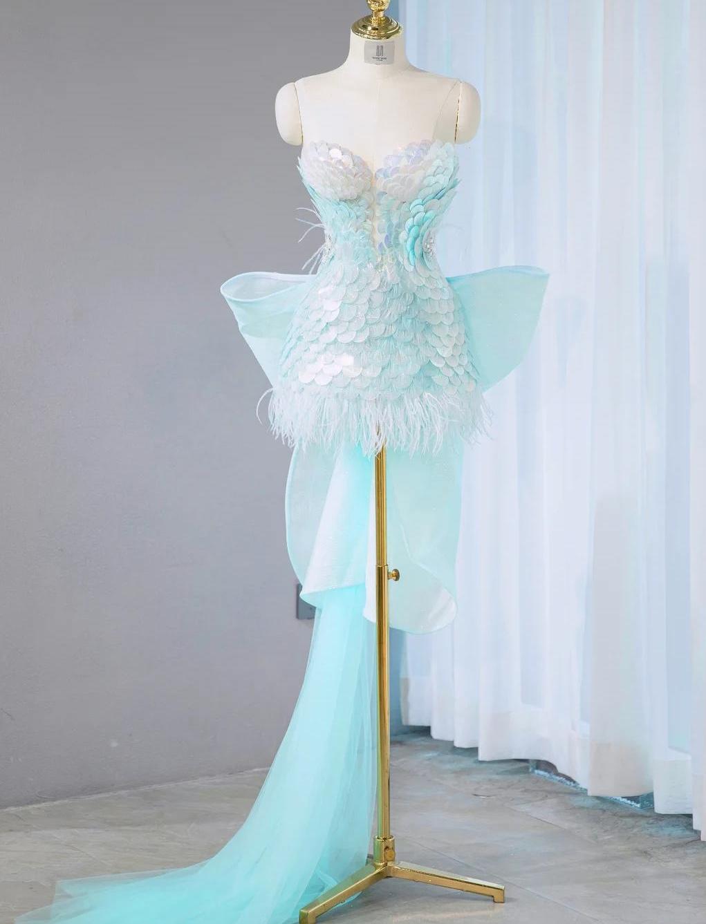 Ice Blue Strapless Bodycon Sequin Short Prom Dresses Homecoming Dress with Bow HZ1024