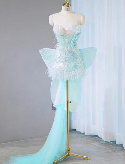 Ice Blue Strapless Bodycon Sequin Short Prom Dresses Homecoming Dress with Bow HZ1024