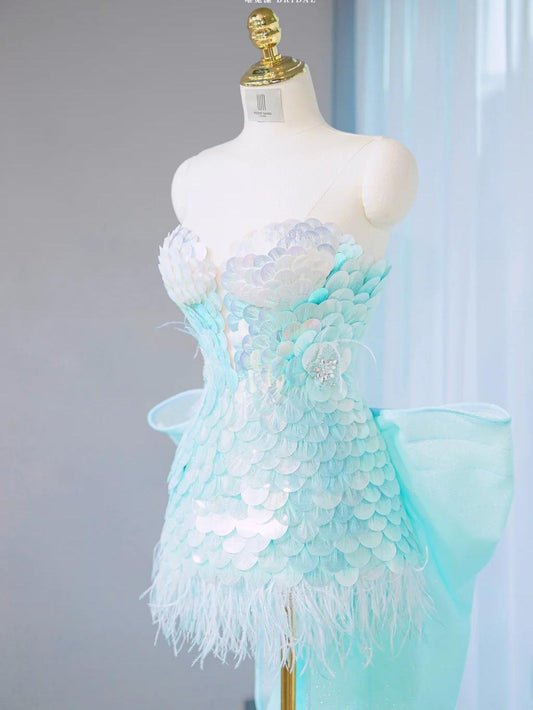 Ice Blue Strapless Bodycon Sequin Short Prom Dresses Homecoming Dress with Bow HZ1024