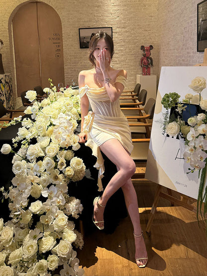 White Off-the-shoulder Bodycon Satin Short Prom Dresses Homecoming Dress HZ1024