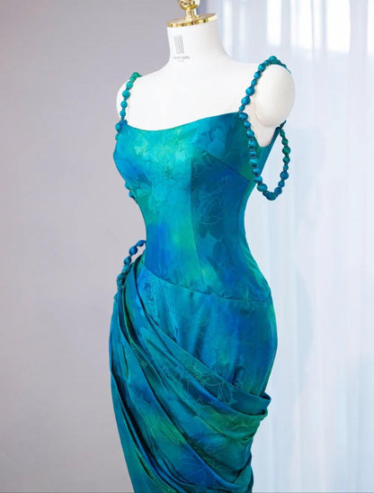 Stunning Turquoise Scoop Mermaid Jacquard Satin Long Prom Dresses Elegant Formal Evening Gowns ED02665