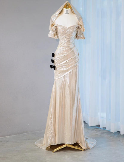Champagne V-neck Mermaid Glitter Satin Long Prom Dresses Fashion Formal Evening Gowns HZ1024