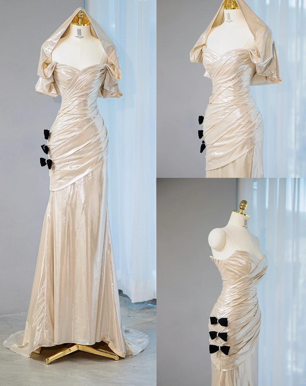 Champagne V-neck Mermaid Glitter Satin Long Prom Dresses Fashion Formal Evening Gowns HZ1024