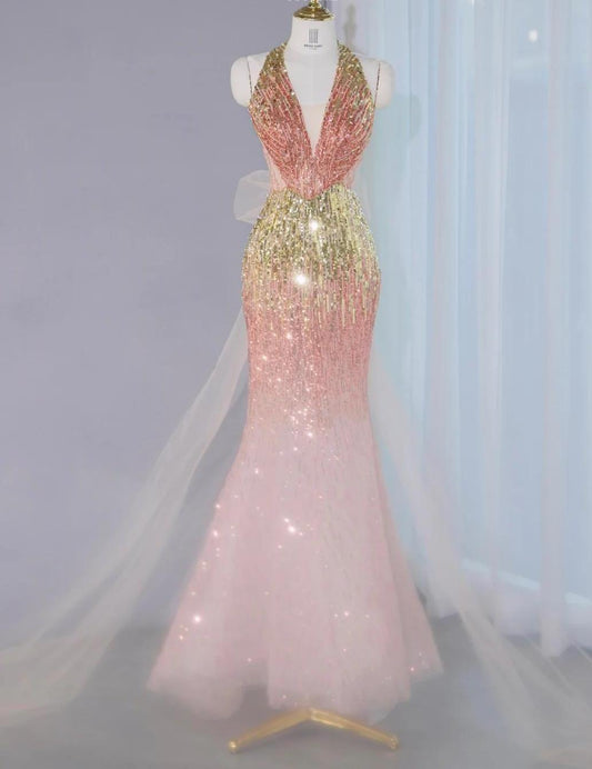 Ombre Peach Tulle V-Neck Mermaid Gold Sequins Long Prom Dresses Glam Formal Evening Dress HZ1024