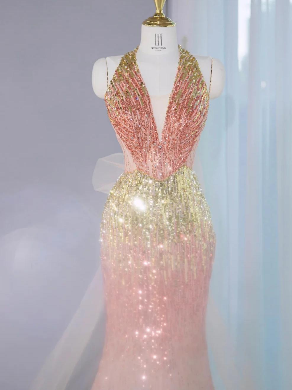 Ombre Peach Tulle V-Neck Mermaid Gold Sequins Long Prom Dresses Glam Formal Evening Dress HZ1024