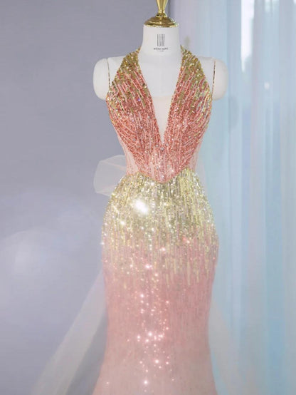 Ombre Peach Tulle V-Neck Mermaid Gold Sequins Long Prom Dresses Glam Formal Evening Dress HZ1024