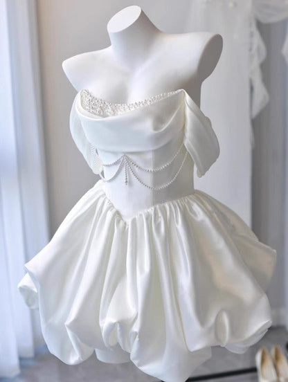 White Off-the-shoulder A-Line Satin Short Prom Dresses Homecoming Dress with Pearls HZ1024