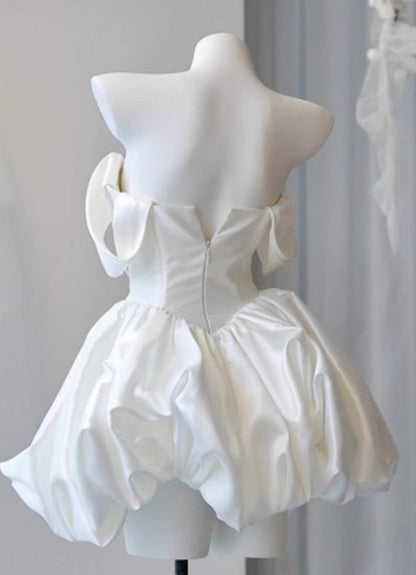White Off-the-shoulder A-Line Satin Short Prom Dresses Homecoming Dress with Pearls HZ1024
