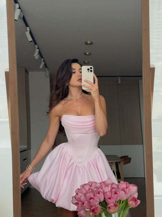 Pink Strapless A-Line Satin Short Prom Dresses Elegant Homecoming Dress HZ1024