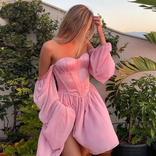 Elegant Pink Sweetheart Neck A-Line Chiffon Long Sleeve Short Prom Dresses Fashion Homecoming Dress ED02673
