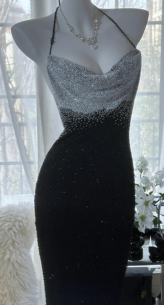 Elegant Black Halter Mermaid Chiffon Beading Long Prom Dresses Vintage Formal Evening Gowns ED02674