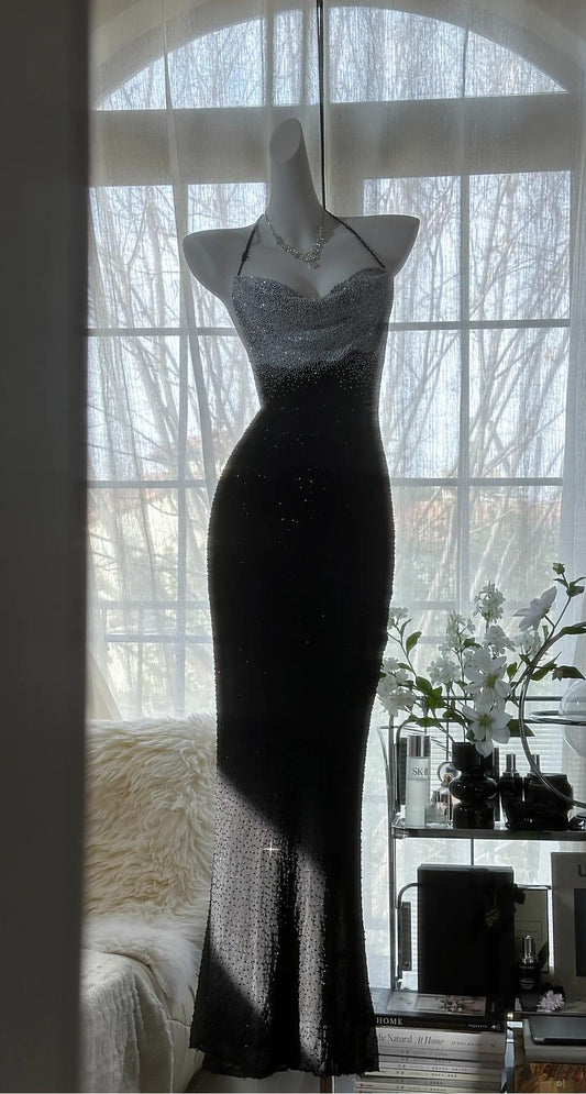 Black Halter Mermaid Chiffon Beading Long Prom Dresses Vintage Formal Evening Gowns HZ1024