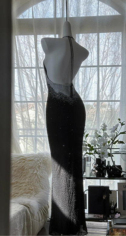 Elegant Black Halter Mermaid Chiffon Beading Long Prom Dresses Vintage Formal Evening Gowns ED02674