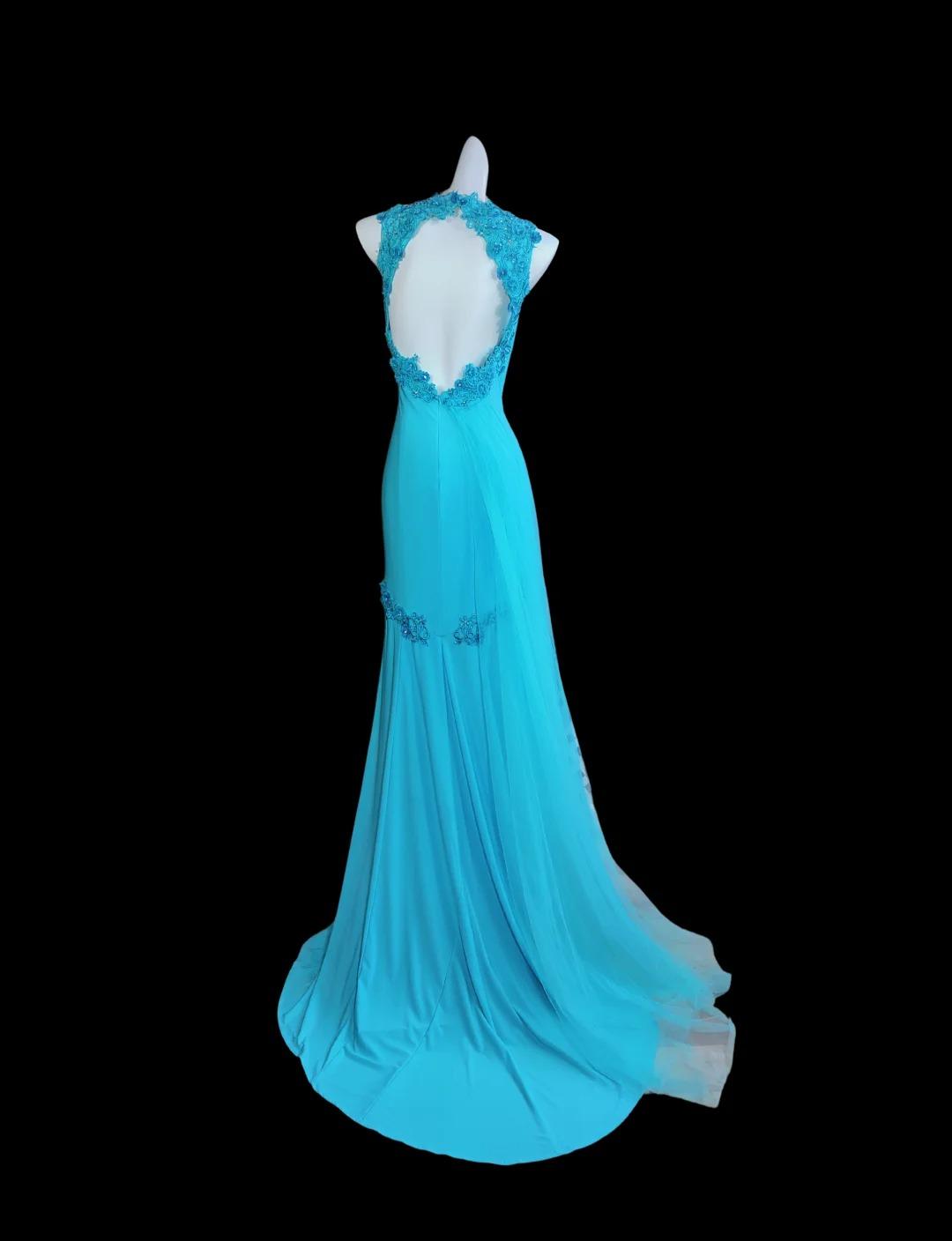 Blue Halter Mermaid Chiffon Appliques Long Prom Dresses Formal Evening Gowns With Open Back HZ1024