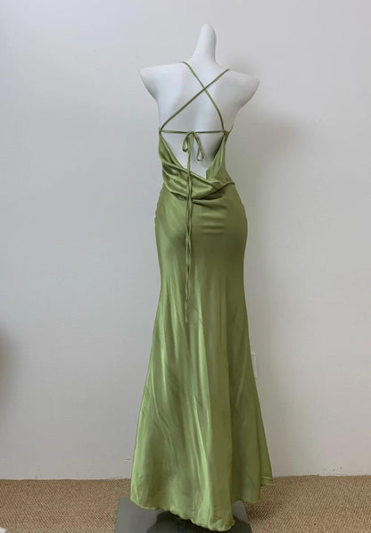 Glam Olive Green Spaghetti Straps Mermaid Satin Long Prom Dresses Formal Evening Gowns With Backless  ED02682