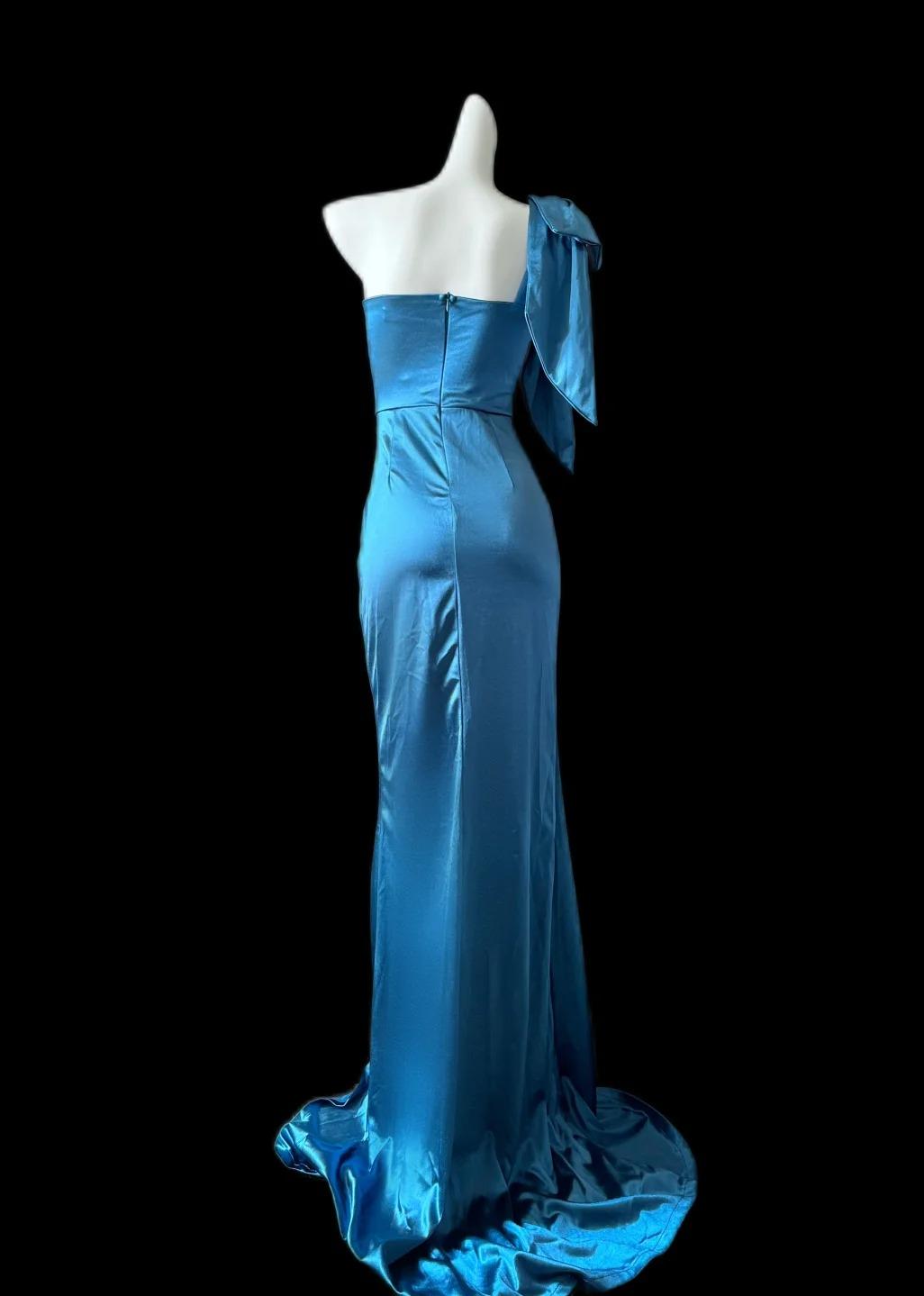 Blue One Shoulder Mermaid Satin Long Prom Dresses Formal Evening Gowns With Slits HZ1024