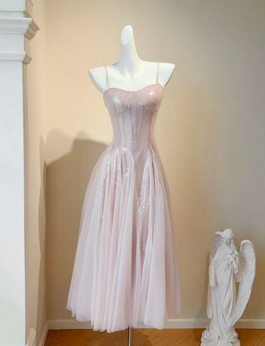 Sweet Blush Pink Spaghetti Straps A-Line Sequin Tulle Long Prom Dresses Birthday Evening Gowns ED02685