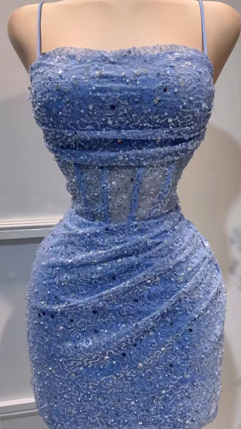 Sexy Glitter Blue Spaghetti Straps Bodycon Tulle Lace Short Prom Dresses Birthday Party Dress with Sequins  ED02686