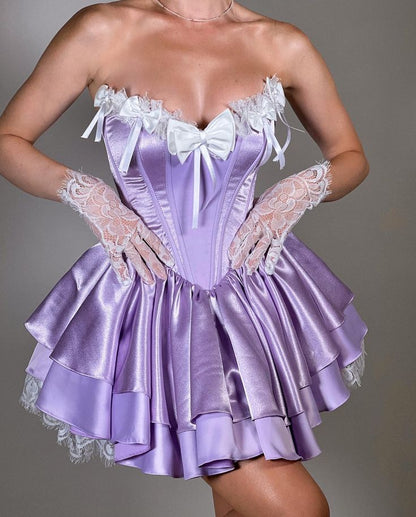 Purple Strapless A-Line Satin Lace Short Prom Dresses Homecoming Dress HZ1024