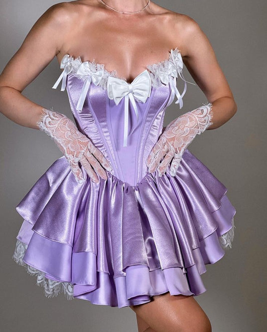 Stunning Purple Strapless A-Line Satin Lace Short Prom Dresses Homecoming Dress ED02688