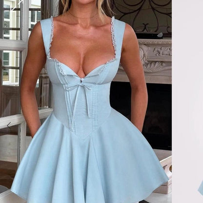 Simple Blue Square Neck A-Line Satin Short Prom Dresses Sweet Homecoming Dress ED02689