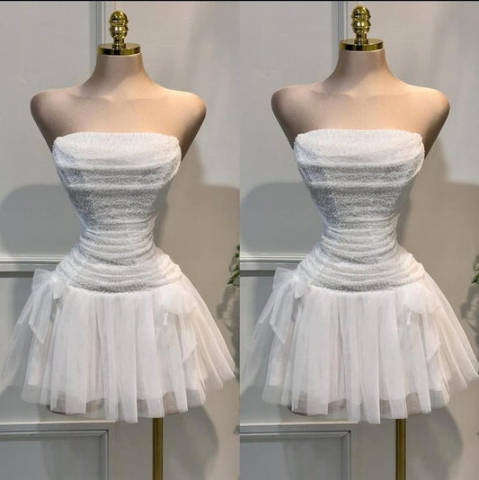 White Strapless A-Line Tulle Short Prom Dresses Fashion Homecoming Dress HZ1024