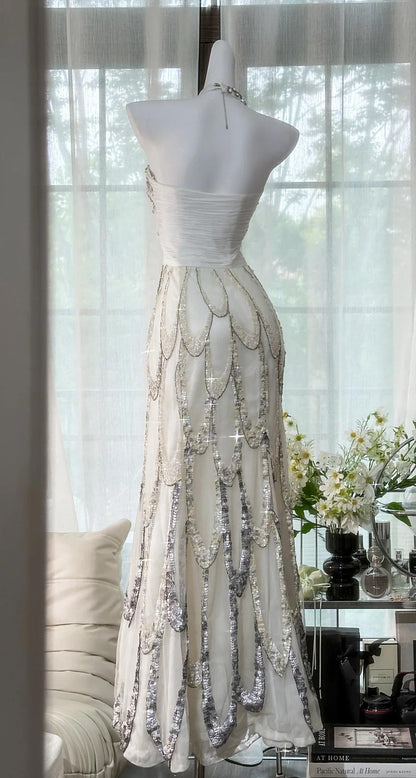 Gorgeous White Halter Neck A-Line Chiffon Sequin Long Prom Dresses Formal Evening Gowns ED02699