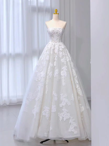 A-Line Tulle Lace Beige Long Prom Dress, Beige Long Formal Dress  ED026