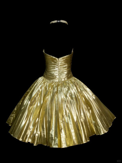 Glitter Gold Sweetheart Neck A-Line Homecoming Dress Satin Beaded Short Prom Dresses ED02700