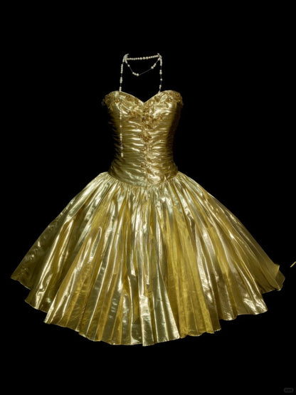 Gold Sweetheart Neck A-Line Homecoming Dress Satin Beaded Short Prom Dresses HZ1024