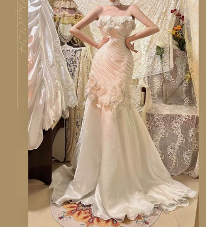 Gorgeous White Strapless Mermaid Tulle Applique Long Prom Dresses Formal Evening Gowns ED02702