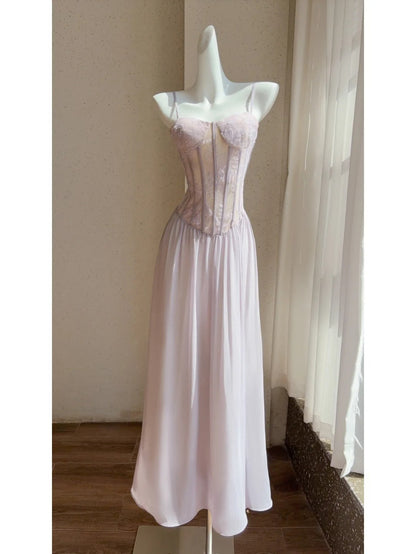 Stunning Light Purple Spaghetti Strap A-Line Chiffon Long Prom Dresses Formal Evening Gowns with Lace Appliques ED02706