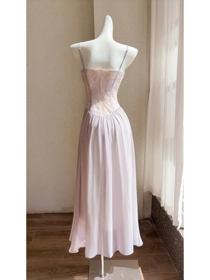 Stunning Light Purple Spaghetti Strap A-Line Chiffon Long Prom Dresses Formal Evening Gowns with Lace Appliques ED02706