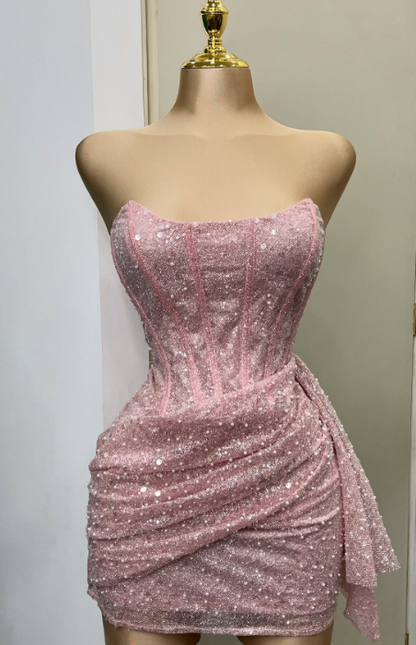 Pink Strapless Bodycon Short Prom Dresses Glitter Sequin Homecoming Dresses HZ1024